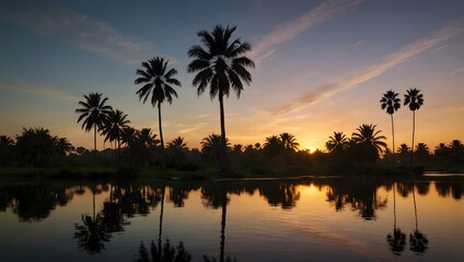 Naklejka premium The tranquility of an oasis at dawn, surrounded by palm trees and still waters ai_generated