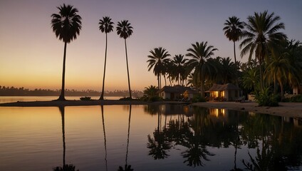 Obraz premium The tranquility of an oasis at dawn, surrounded by palm trees and still waters ai_generated