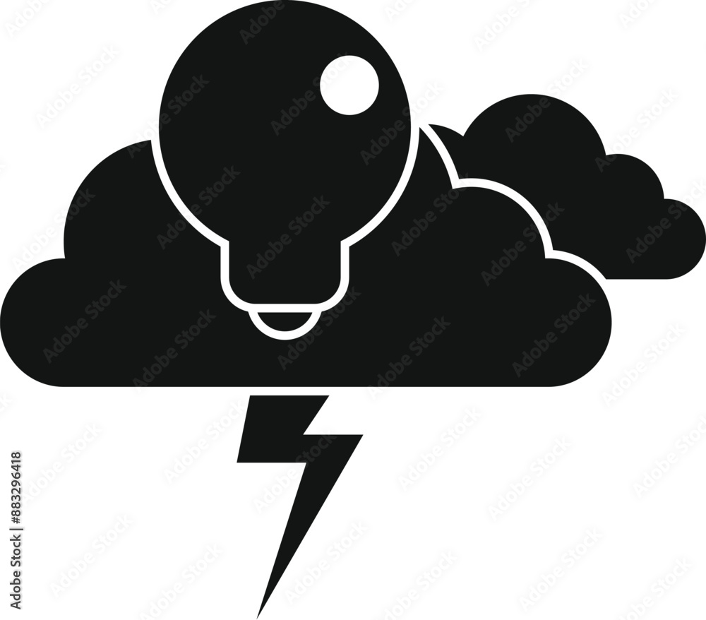 Poster black and white icon of a light bulb floating on a cloud with a lightning bolt striking down represe