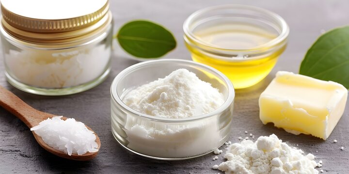 DIY natural deodorant stick ingredients arrowroot powder baking soda beeswax shea butter essential oil. Concept To make a natural deodorant stick, you will need the following ingredients