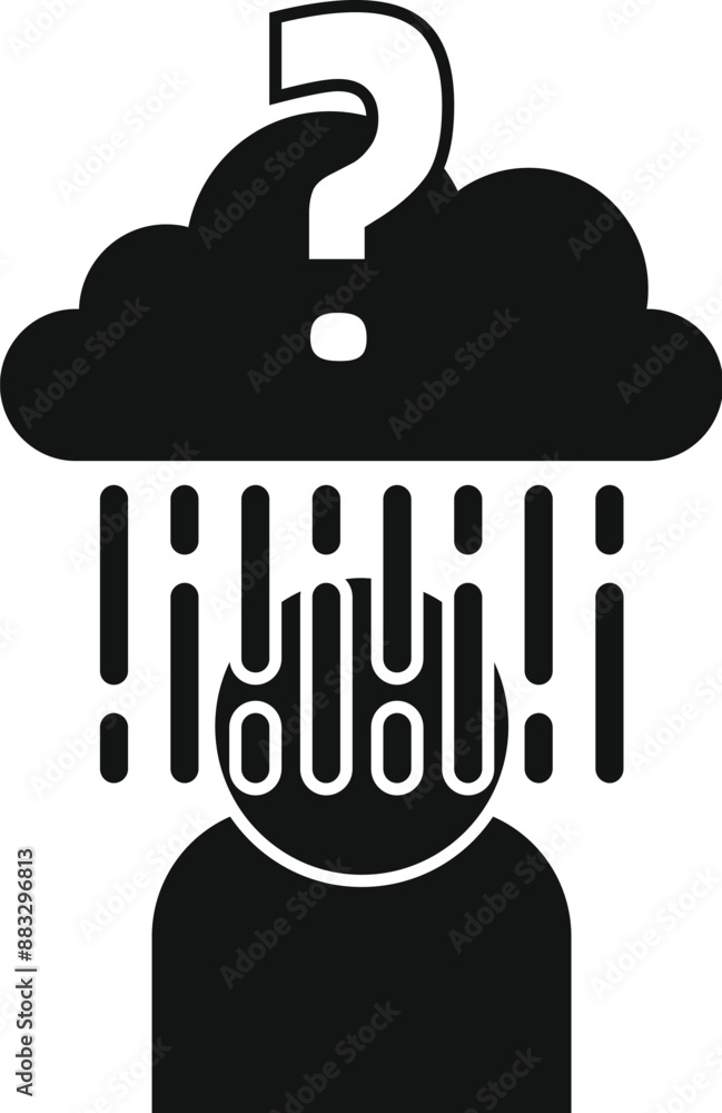 Poster stylized person is having information overload with data raining down from a cloud with a question m