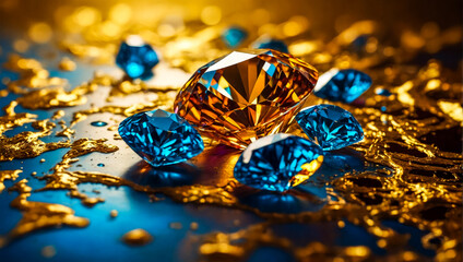  collection of various gemstones blue sapphires and golden diamond in center on a glossy, gold-colored surface