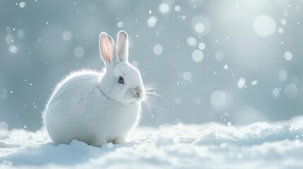 Cute White Rabbit in Glowing Winter Snow, Dreamy and Calm
