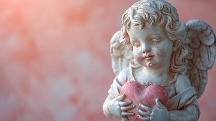 Cherubic Angel Statue Embracing Heart with Gentle Expression Against Blurred Warm Pink Background