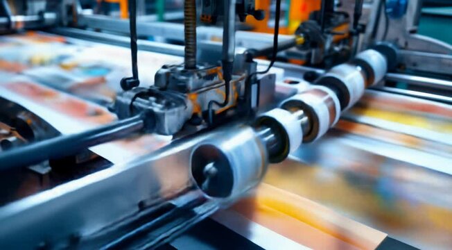 High-speed printing press rapidly processing multicolored prints in a technologically advanced facility.