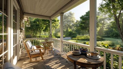 Fototapeta premium The back porch of a Suburban Cape Cod home, set up for a quiet morning coffee, with views of the surrounding nature