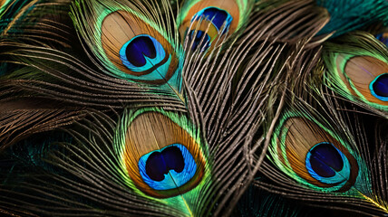 Fototapeta premium Colorful peacock feathers, glowing peacock feathers. Macro