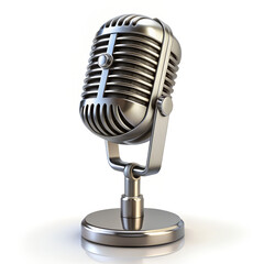 The image depicts a vintage silver microphone with a long chrome stand, positioned at an angle on a reflective surface