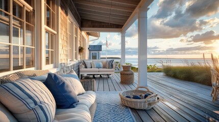 The back porch of a Suburban Cape Cod home, featuring a breezy coastal decor with blues and whites, reflecting the sea and sky