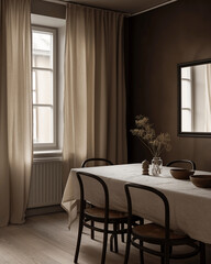 Cozy Dining Room with Neutral Tones, Wooden Chairs, and Small Window Allowing Natural Light
