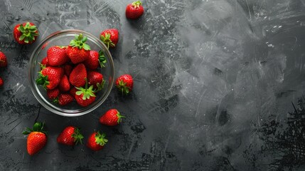 Red strawberries in glass bowl on dark concrete with rustic style Minimalistic top view with empty space