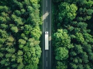 Aerial top view of car and truck driving on highway road in green forest. Sustainable transport. Drone view of hydrogen energy truck and electric vehicle driving on asphalt road through green forest.