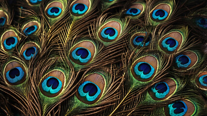 Colorful peacock feathers, glowing peacock feathers. Macro