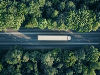 Aerial top view of car and truck driving on highway road in green forest. Sustainable transport. Drone view of hydrogen energy truck and electric vehicle driving on asphalt road through green forest.
