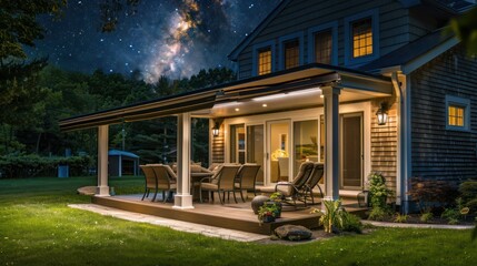The back porch of a Suburban Cape Cod home, designed with a retractable awning that provides shade on sunny days and a clear view of the stars at night