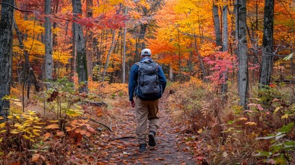 Naklejka premium Hiker walking through a forest with vibrant autumn foliage, enjoying the seasonal colors