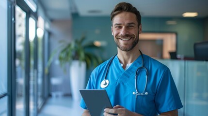 A handsome surgeon holds a tablet to promote medical innovation and modern technology in medical work. A blue surgeon shows modern medical technology and poses for photos