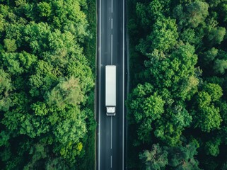 Aerial top view of car and truck driving on highway road in green forest. Sustainable transport. Drone view of hydrogen energy truck and electric vehicle driving on asphalt road through green forest.
