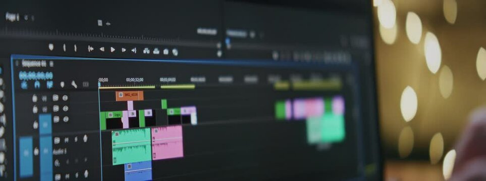 Video editing on a laptop. Monitor the computer the work of the interface program for video editing: the fragments are connected timeline. Video or sound processing, postproduction, film maker
