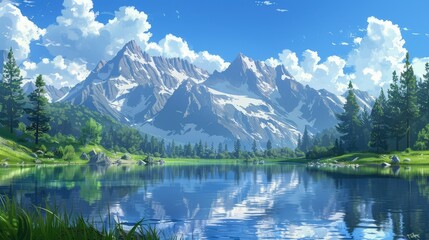 Tranquil lake reflecting towering mountains