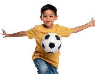 a boy in a yellow shirt is holding a soccer ball