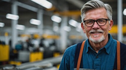 Obraz premium Smiling senior engineer with glasses in an industrial workshop, showcasing a bright, modern work environment with advanced machinery. 