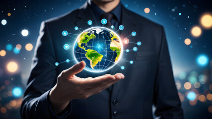  Digital image of Globe in hand.  Futuristic global internet network background.