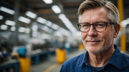 Senior engineer with glasses smiling confidently in an industrial factory, showcasing a modern and well-lit manufacturing environment.
