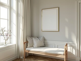 A white couch sits in front of a large white framed picture.