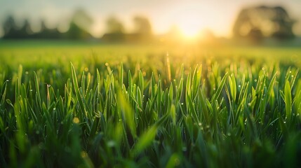 Fototapeta premium Beautiful green field of young wheat in the morning at dawn in sunlight landscape, panoramic view. Cereal sprouts close-up in nature. 