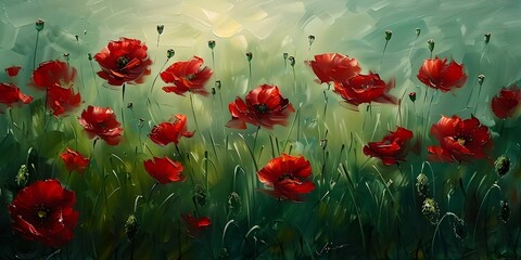 Closeup oil painting of red poppies in a green grassy landscape. Concept Nature, Closeup, Oil Painting, Red Poppies, Green Landscape