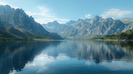 Tranquil lake reflecting towering mountains