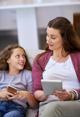 Sofa, smile and mother with technology by girl for online game, support or internet connection. Home, tablet and woman by daughter with phone for digital entertainment, streaming or learning together