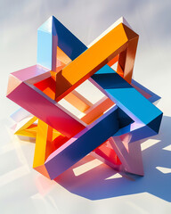 Colorful 3D geometric sculpture made of interlocking pieces painted in bright colors with a white background.