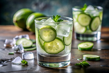 A glass of cucumber water with ice cubes and cucumber slices on a wooden table. The image conveys a refreshing and healthy vibe, as the cucumber slices and ice cubes suggest a cool and hydrating drink