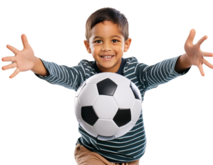 a boy holding a soccer ball on a transparent background