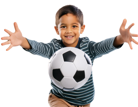 a boy holding a soccer ball on a transparent background