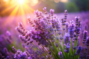 Obraz premium A field of purple lavender flowers with the sun shining on them