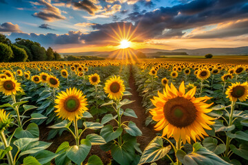 Obraz premium A field of sunflowers with a bright sun in the sky. The sun is shining on the flowers, making them look even more beautiful. The scene is peaceful and serene
