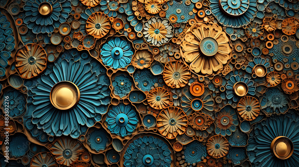 Poster abstract fractal ornament with floral elements and dotted texture.