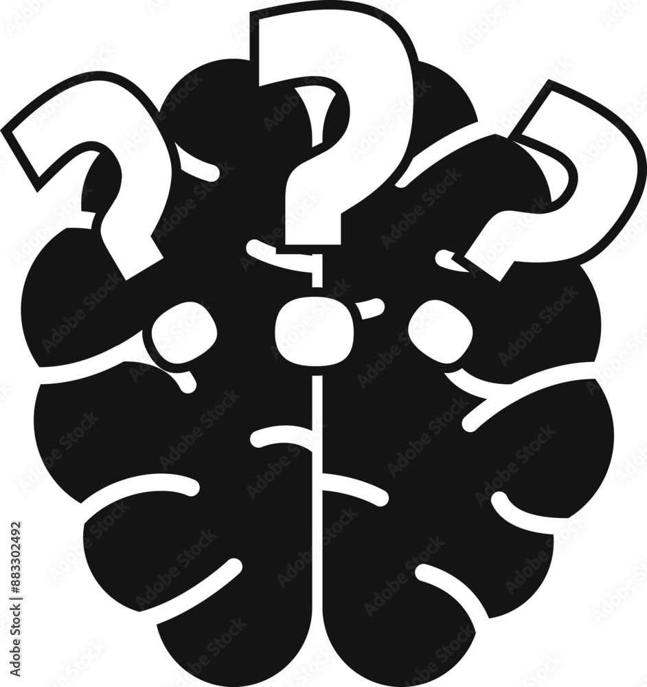 Poster black and white silhouette of a human brain with question marks, representing thinking and problem s