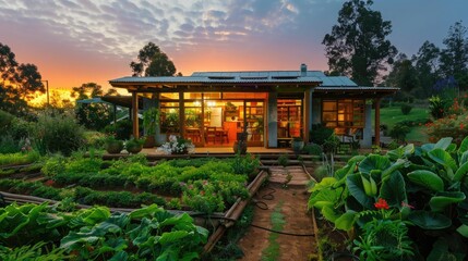 Eco-friendly home with sustainable garden at twilight.