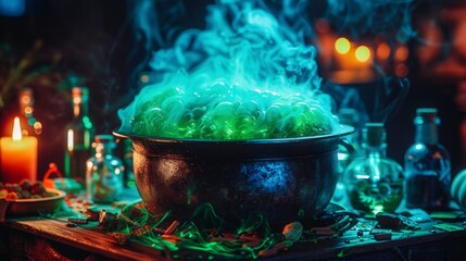 A green glowing cauldron with smoke coming out of it