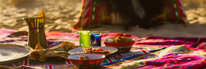 Colorful Desert Picnic with Traditional Food and Vibrant Rugs