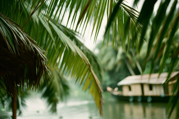 Fototapeta premium Tropical Water Scene with Palm Leaves and a Houseboat on Misty River