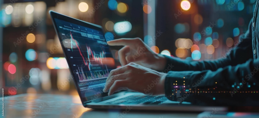 Poster businessman using laptop and digital tablet to create a graph of stock market, financial data or sal
