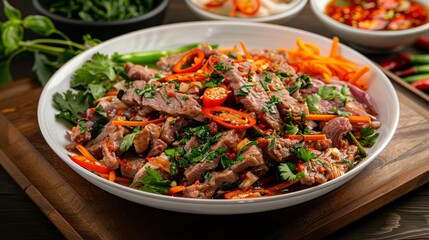 A bright and serene photo of Larb served on a wooden table, with a side of fresh vegetables and herbs, realistic photo, cinematography, hyper realistic