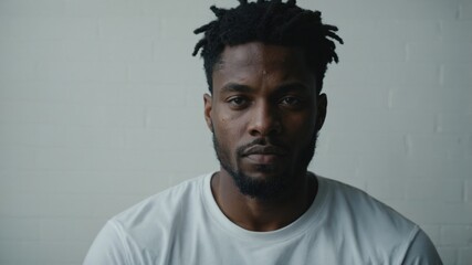 Fototapeta premium A serious man wearing a white t-shirt, staring directly at the camera with a focused and contemplative expression, set against a plain background. 