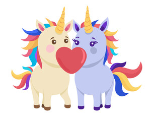 Two cute unicorns in love. Vector isolated illustration. Kissing unicorns with heart. Love concept