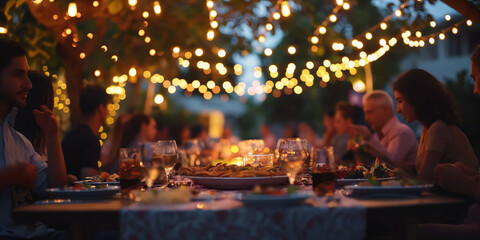 Outdoor Dinner Party with String Lights and Festive Atmosphere at Dusk